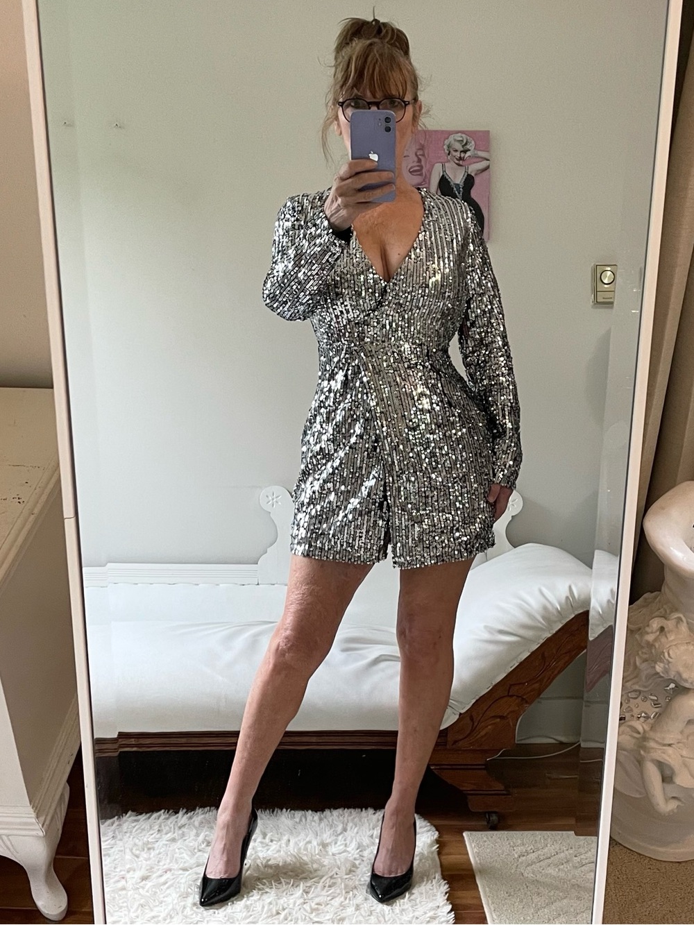 SILVER SEQUIN LONG SLEEVE FAUX WRAP DRESS PRETTYLITTLETHING SIDE ZIPPER LINED